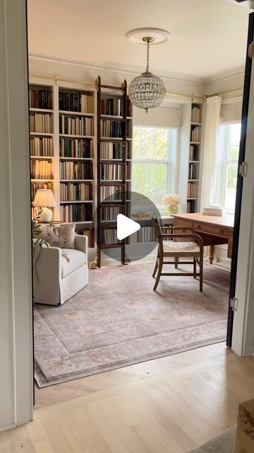 Nate Long on Instagram: "How we turned this useless flex space into a magical ✨ library.

The first thing we did in the space was close off the room and added oversized French doors. We then custom made our own herringbone floor from solid maple planks. The real magic is in the wall to wall bookcase we created. We also added a custom rolling ladder for something extra special. 

Let us know your favorite detail!
.
.
.
.
#homeoffice #homelibrary #homedesign #interiordesign #interiordecor #homerenovation #homeremodel #diyhome #diyhomeimprovement #studiomcgeethreshold #studiomcgee #amberinteriors #homeinspo #officedesign #homedecor #archdigest #instahome #instadesign #instagood #homedecoration #homestaging

Home | interior design | DIY | library | vintage | remodel | office | home decor | thr Bookcase Wall Around Door, Bookcases With Ladders, Bookcase Ladder Diy, Floor To Ceiling Bookshelves With Ladder, Library In Living Room, Office Library Combo, Diy Library Ladder, Vintage Remodel, Flex Room Ideas