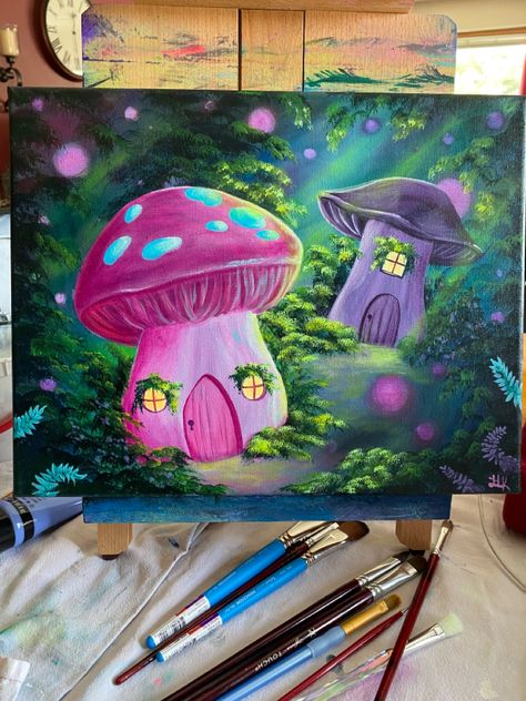 Fairy Tale Painting Ideas, Magical Paintings Easy, Acrylic Painting Whimsical, Fantasy Acrylic Painting Ideas, Fantasy Paintings Acrylic, Painting Fantasy Art Easy, Fairy Garden Painting Acrylic, Fantasy Acrylic Painting Ideas Easy, Fantasy Painting Ideas Easy