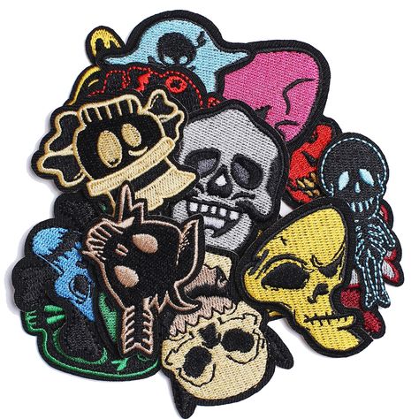 PRICES MAY VARY. 15 Pieces assorted skull patches you will get can be use for decoration or collection, cool to show your personality Assorted package highly embroiedered patches, bright vivid colors and durable. High quality embroidered with hot melt adhesive on the back, easily iron on or sew on. Perfect for DIY clothing repair accessory decoration, applies to dresses, skirts, bags, jeans, hats, shoes, shirts, socks, etc. How to use: Set iron to "COTTON", 100-150 degrees, for more than 30 Seco Skull Patches, Clothing Repair, Nasa Patch, Halloween Arts, Jacket Patches, Embroidered Skull, Band Patches, Skull Patch, Punk Patches