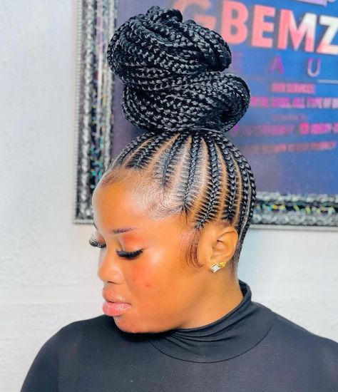 Stitch Braids with High Bun on Long Black Hair Cornrow Hairstyles Black Women, Natural Cornrow Hairstyles, Feed In Braids Ponytail, Updo Easy, Cornrows Braids For Black Women, Feed In Braids Hairstyles, Goddess Braids Hairstyles, Bun Updo, Hairstyles Black Women