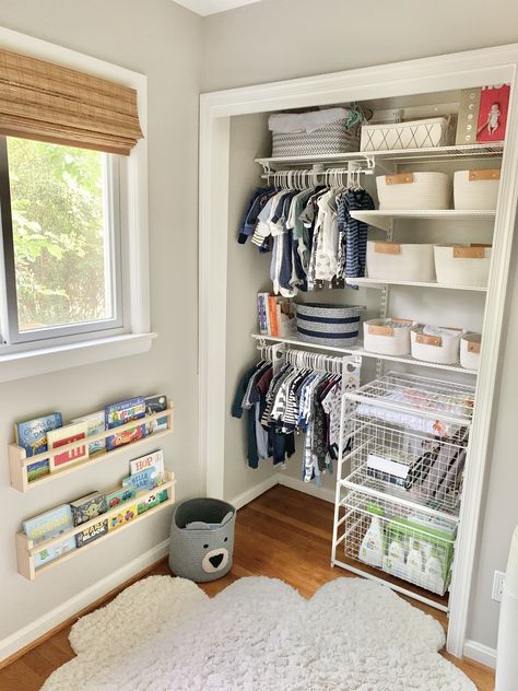 Neutral, baby boy, bookshelves Open Wardrobe Nursery, Baby Boy Closet Organization, Simple Boy Nursery, Boy Nursery Closet, Baby Closets, Nursery Photography, Closet Nursery, Baby Room Closet, Room Murals