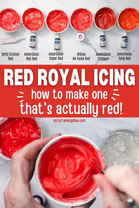 This red royal icing recipe is awesome! It shows you the difference between Tulip Red, Red Red, No Taste Red and Crimson Red frosting. So you can tell which food coloring to use when you're decorating sugar cookies. Red Royal Icing, Globe Cookies, Decorating Sugar Cookies, Royal Frosting, Holiday Sugar Cookies, How To Make Red, Valentine Sugar Cookies, Frosting Colors, Jello Shot