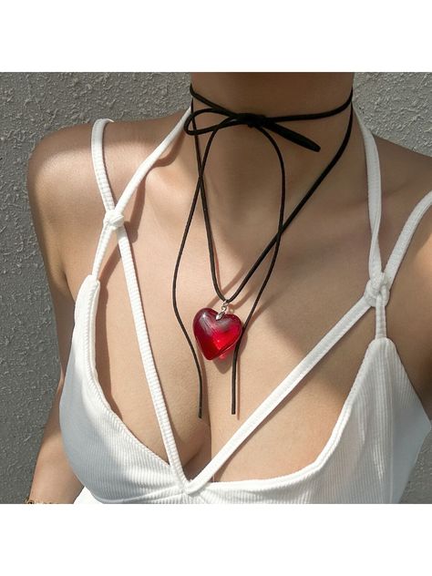 Rojo  Collar  Aleación de zinc   Embellished Big Heart Necklace, Pink Pendant Necklace, Heart Type, Heart Choker Necklace, Pendant Necklace Simple, Cord Jewelry, Heart Choker, Neck Choker, Metal Heart