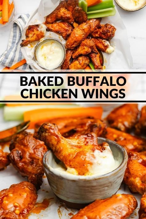 These chicken wings are baked until crispy and then tossed in a homemade buffalo sauce. A delicious game day appetizer, snack, or dinner! Party Wings In Oven, Buffalo Wings Recipe Baked, Baked Buffalo Chicken Wings, Homemade Chicken Wings, Homemade Wings, Baked Hot Wings, Buffalo Chicken Wings Recipe, Baked Buffalo Wings, Grilled Buffalo Chicken