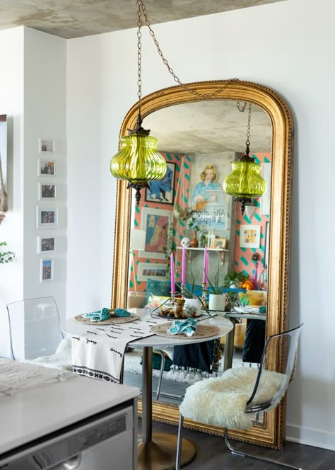 Maximalist Loft, Maximalist Dining Room, Artsy House, Chicago Lofts, Target Floor Lamps, Colorful Maximalist, Brass Dining Table, Eclectic Dining Room, Swag Lamp