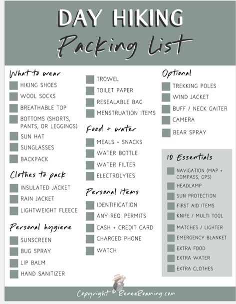 Day Trip Essentials Packing Lists, Packing List For Vacation Mountains, Packing List For The Mountains, Hiking Needs List, Colorado Hiking Packing List, Day Hike Checklist, What To Pack For Hiking Day Trip, Packing For Mountain Trip, Hiking Day Pack List