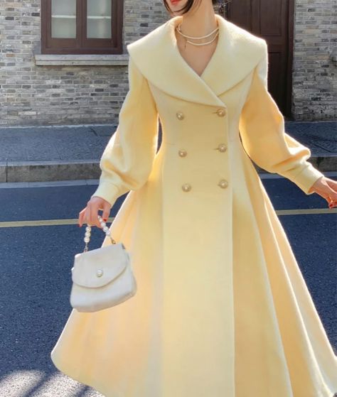 Yellow Wool Coat,wool Princess Coat,wide Collar Long Cozy Jacket,winter Wool Swing Coat,dress Coat,handmade Coat - Etsy Long Coat With Skirt, Cute Yellow Outfits, 90's Fashion Outfits, How To Wear A Blanket Scarf, Yellow Outfits, Jacket Outfit Women, Princess Coat, Yellow Coat, Statement Coat