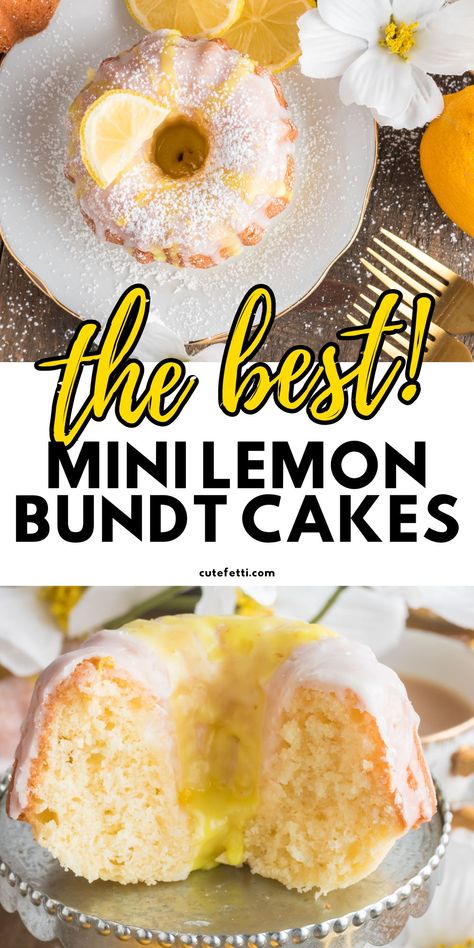 These Mini Lemon Bundt Cakes are the perfect combination of tangy and sweet! The soft and buttery cake, with bits of lemon zest, is topped with a simple and sweet lemon glaze. They are great for a fancy dessert table or as gifts. Plus, they're incredibly easy to make with basic pantry ingredients! Lemon Raspberry Mini Bundt Cakes, Decorating Mini Bundt Cakes, Bundt Mini Cakes, Wilton Mini Bundt Cake Recipes, Tiny Bundt Cake Recipes, Individual Bundt Cakes, Moist Mini Bundt Cake Recipes, Small Bundt Pan Recipes, Mini Pound Cakes Loaves