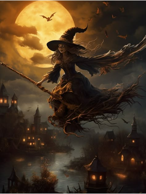 Old Salem style witch flying on broom over Old Salem.  This is a digital download. Witch Pictures Ideas, Gothic Witch Art, Salem Style, Witch In The Woods, Witch Castle, Witch Flying On Broom, Salem Art, Spooky Halloween Pictures, Witch On A Broom