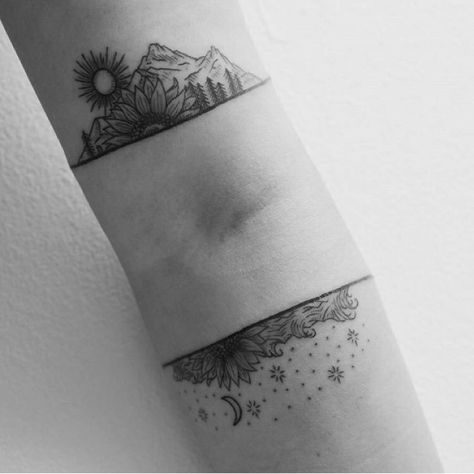 Night and day Inner Elbow Tattoos, Tattoo Trend, Forearm Tattoo Design, Tattoo Zeichnungen, Landscape Tattoo, Cool Forearm Tattoos, Elbow Tattoos, Geniale Tattoos, Small Tattoos For Guys