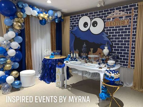 Cookie Monster Baby Shower | CatchMyParty.com Pink Cookie Monster, Cookie Monster Baby Shower Ideas, Sesame Street Birthday Party Ideas Boy, Host Ideas, Cookie Monster Birthday Party, Monster First Birthday, Monster Baby Showers, Baseball Theme Birthday, Monster 1st Birthdays