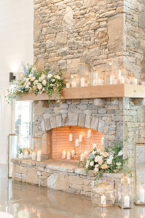 Decorated Mantel For Wedding, Wedding Mantle Decor Fireplaces Flower, Candles On Fireplace Mantle Wedding, Candles Fireplace Wedding, Wedding Flowers Over Fireplace, Chimney Flower Decor, Candles On Mantle Wedding, Mantel Decorating Ideas For Wedding, Flowers For Fireplace Mantle