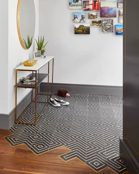 wood + tile pairing. we like the way this installation takes advantage of our zenith pattern and transitions into wood. #wood #tiles… Tile To Wood Transition, Transition Flooring, Wood Tiles, 카페 인테리어 디자인, Floor Ideas, Flooring Ideas, Style Tile, Flooring Options, Wood Tile