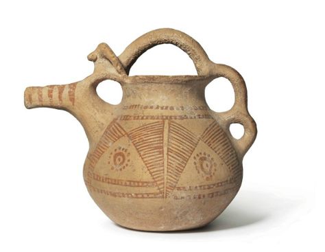 A NEAR EASTERN POTTERY SPOUTED VESSEL   CIRCA 8TH-7TH CENTURY B.C.   Decorated in dark orange with 'kite' pattern, stylised rosettes and chequered bands, the short spout with rays, the looped handle with ibex head termina Kite Pattern, Ancient Ceramics, Tile Crafts, Ancient Pottery, Ancient Persian, Ancient Sculpture, Ancient Egyptian Art, Pottery Classes, Pottery Sculpture