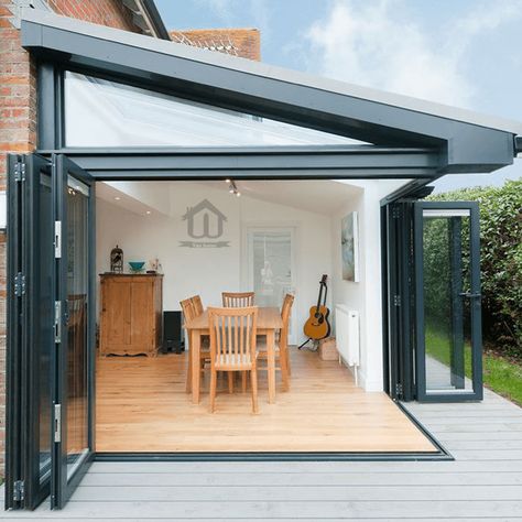 Corner Bifold Doors, Bifold Doors Onto Patio, Folding Patio Doors, Sliding Doors Exterior, Garden Room Extensions, House Extension Plans, Glass Doors Patio, Room Extensions, Kabinet Dapur