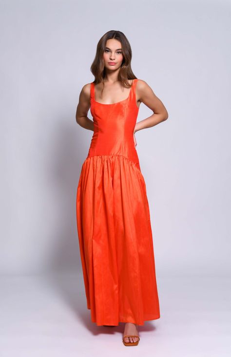 Fall Garden Wedding Guest Dress, Colorful Wedding Guest Dress, Garden Wedding Dress Guest, Drop Waist Gown, Orange Gown, Apricot Dress, Orange Bridesmaid, Orange Bridesmaid Dresses, Orange Chiffon