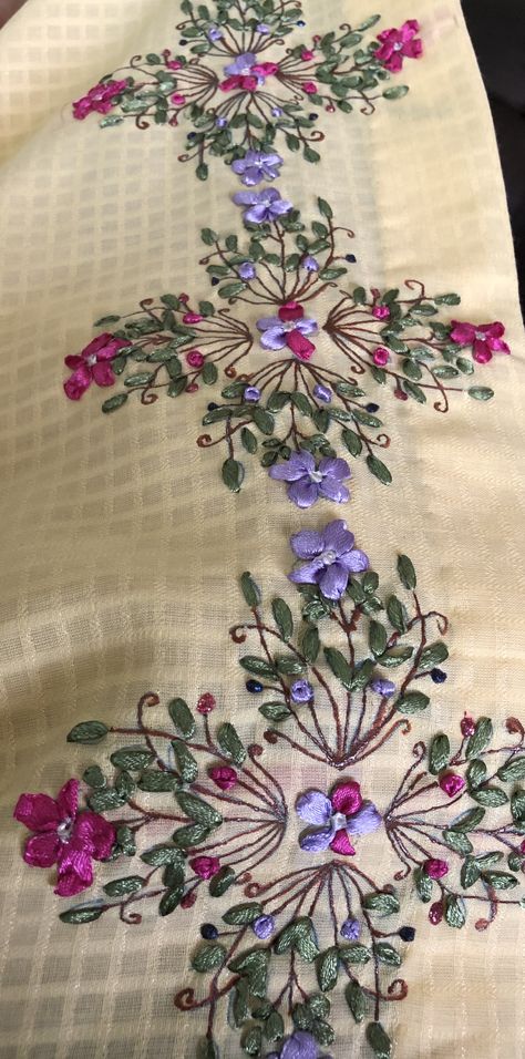 Saree Embroidery, Diy Embroidery Patterns, Hand Work Embroidery, Ribbon Work, Silk Ribbon Embroidery, Salwar Suit, Hand Work, Ribbon Embroidery, Diy Embroidery