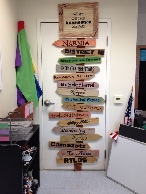 School Directional Signs, Literary Festival Decor, Where Will Reading Take You Display, School Library Book Displays, Elementary Bulletin Boards, Direction Signs, Literary Festival, Book Launch Party, Harry Potter Classroom