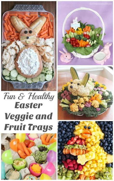 Fun and Healthy Easter Veggie and Fruit Trays - Who says that vegetables need to be boring? Take inspiration from these super cute vegetable and fruit trays for Easter. | Easter Recipes | Healthy Food for Kids | Veggie And Fruit Trays, Easter Recipes Healthy, Easter Vegetables Tray, Easter Fruit Tray, Easter Vegetables, Easter Salad Recipes, Vegetable Trays, Easter Salad, Easter Deserts