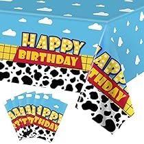 Cartoon Story, Cow Birthday Parties, Plastic Table Cover, Table Cloth Decorations, Cow Birthday, Toy Story Birthday Party, Cartoon Cow, Party Table Cloth, Plastic Table Covers