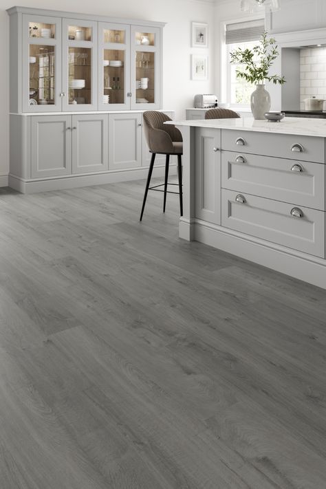 Light Grey Flooring Kitchen, Grey Wooden Flooring Kitchen, Kitchens With Laminate Flooring, Vinyl Grey Flooring, Grey Kitchen With Wooden Floor, Greynite Flooring Design, Grey Vynal Flooring, White Oak And Grey Kitchen, Grey Wood Kitchen Floor