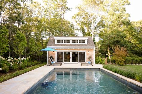 Cape cod pool house. Shed dormer with andersen windows and sliders. Small Pool Shed Ideas, Pool With Shed, Small Pool Houses Sheds, Small Pool Shed, Pool House Interior Design, Beach Pool House, Pool Shed Ideas, Cape Exterior, Interior Design Beach House