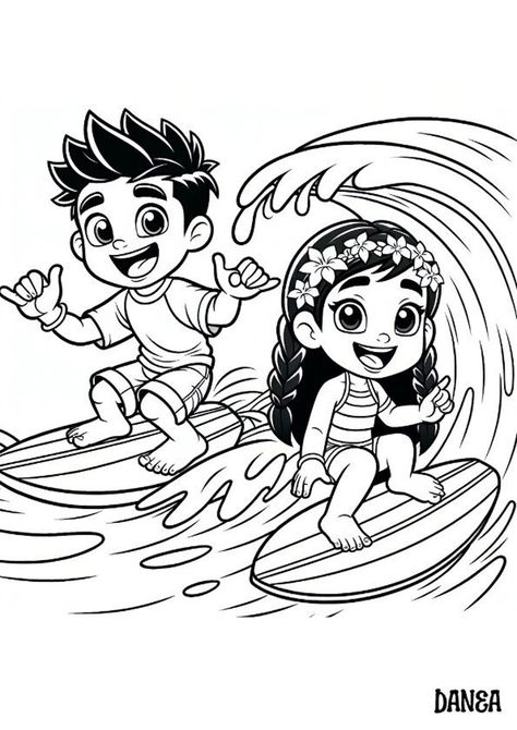 Two Kids Surfing Waves Printable Coloring Page Zoo Animal Coloring Pages, Kids Printable Coloring Pages, Summer Coloring, Valentine Coloring Pages, Bear Coloring Pages, Valentine Coloring, Unicorn Coloring Pages, Surfing Waves, Animal Coloring Pages