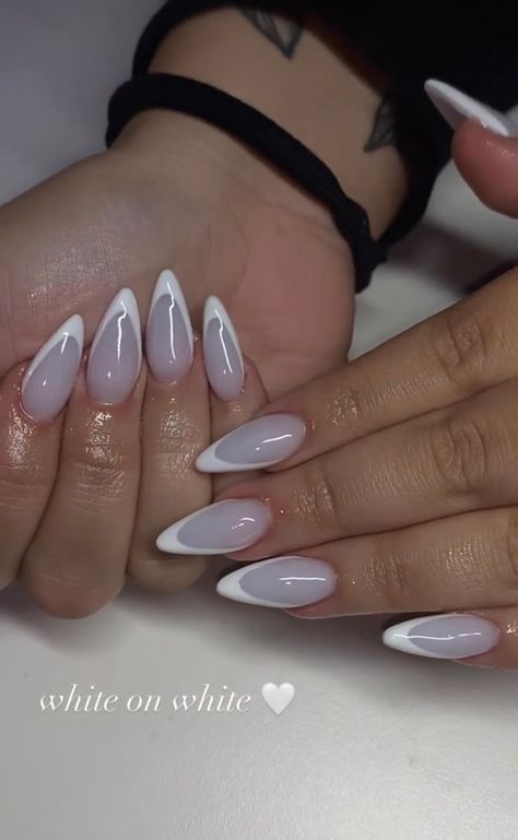 Milk White Nails With French Tip, White On White Almond Nails, White On White French Tip Nails Almond, French Nail Inspo Almond, White On White French Almond Nails, Vacation Nails Almond Shape French Tip, Almond Nail Inspo Trendy, Short Baddie Almond Nails, Boujee Almond Nails