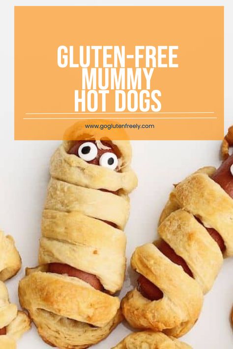 Enjoy these yummy mummy hot dogs, an easy gluten-free snack for your next Halloween party or fun and spooky Halloween dinner before trick-or-treating! Gluten Free Halloween Snacks, Easy Halloween Dinner, Gluten Free Halloween Candy, Halloween Mummy Dogs, Gluten Free Hot Dogs, Gluten Free Halloween Food, Mummy Hot Dogs, Halloween Finger Foods, Gluten Free Halloween