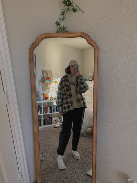 jly hoodie, black mom jeans, UO flannel, white platform converse, soho hat Flannel And Hoodie Outfit, Tan Hat Outfit, Flannel And Hoodie, Tan Vibes, White Platform Converse, Tan Hoodie, Tan Hat, Black Mom Jeans, Hat Outfit