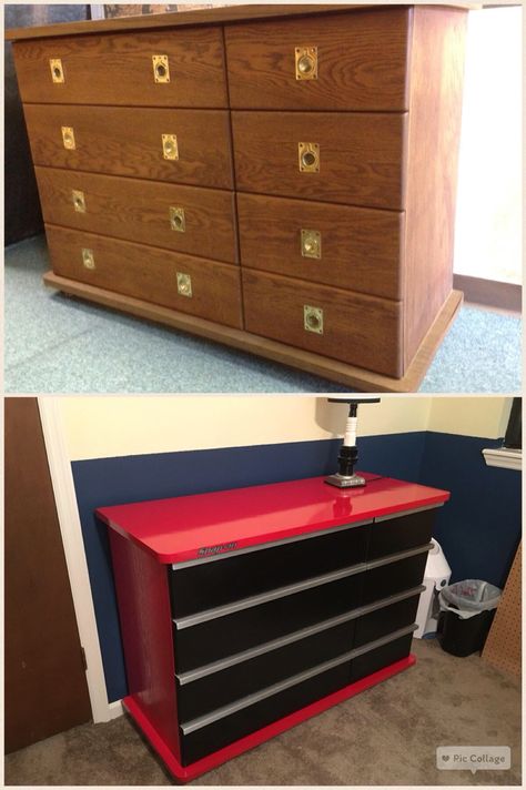 Toolbox dresser my husband made. Before and after. Dresser Toolbox Diy, Diy Toolbox Ideas, Garage Theme Bedroom, Toolbox Dresser, Tool Box Dresser, Racing Bedroom, Diy Toolbox, Boy Car Room, Mechanic Shop Decor