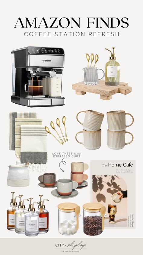 Hotel Tea And Coffee Station, Coffee Bar Must Haves Products, Nespresso Storage Ideas, Pretty Coffee Bar, Coffee Bar Accessories Decorating Ideas, Aesthetic Coffee Maker, Coffee Station Accessories, Amazon Coffee Bar Must Haves, Coffee Bar Necessities