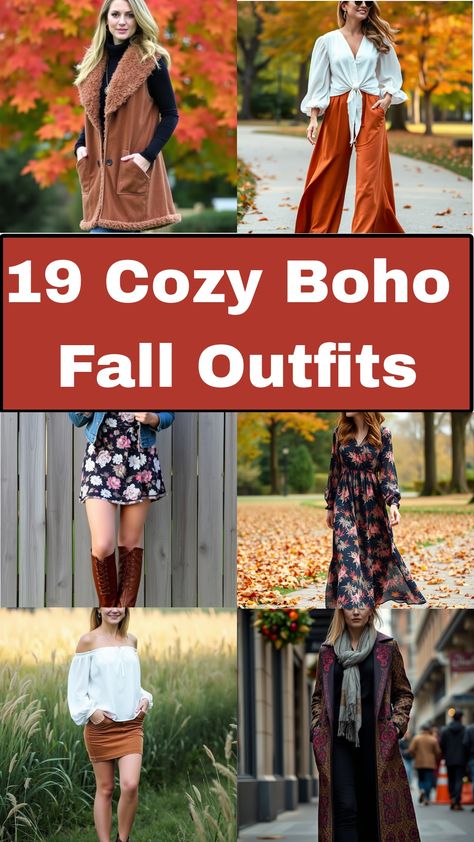 19 Cozy Boho Fall Outfits Boho Concert Outfit Fall, Modern Boho Clothing Style, Boho Vibes Outfit, Fall Layering Outfits Casual, Boho Outfits Autumn, Fall Hippy Outfits, How To Dress Boho, Boho Date Night Outfit, Fall Photoshoot Outfits For Women