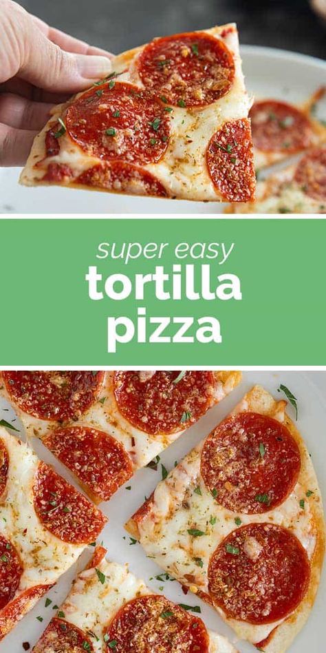 Craving pizza but don’t have a lot of time? This Tortilla Pizza is done in less than 15 minutes, and is the perfect lunch or quick dinner idea! Oven Tortilla Pizza, Easy Tortilla Pizza, Pizza Made With Tortilla, Tortilla Pizza Recipes, Chicken Tortilla Pizza, Tostada Pizza, Tortilla Pizzas, Pizza Tortilla, Asian Steak Bites