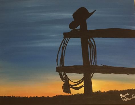 Simple Cowboy Paintings, Western Sky Painting, Country Aesthetic Painting Easy, Farm Silhouette Painting, Cowboy Sunset Painting, Country Themed Paintings, Horse Easy Painting, Easy Farm Paintings For Beginners, Easy Hunting Paintings