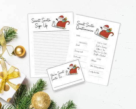 Get ready for the festive season with our Secret Santa Printable Questionnaire Bundle! This easy-to-use bundle includes a survey, sign up sheet and 'you're secret Santa for...' cards that make organising your Secret Santa gift exchange smooth and enjoyable. Perfect for both work gift exchanges and family gatherings, this Santa questionnaire helps participants share their Christmas wish list and preferences, ensuring that everyone receives a thoughtful gift. With our Christmas printables, you'll Gift Exchange Form, Secret Santa Survey, Secret Santa Form, Work Gift Exchange, Santa Questionnaire, Secret Santa Questionnaire, Office Secret Santa, Santa Printable, Secret Santa Gift Exchange