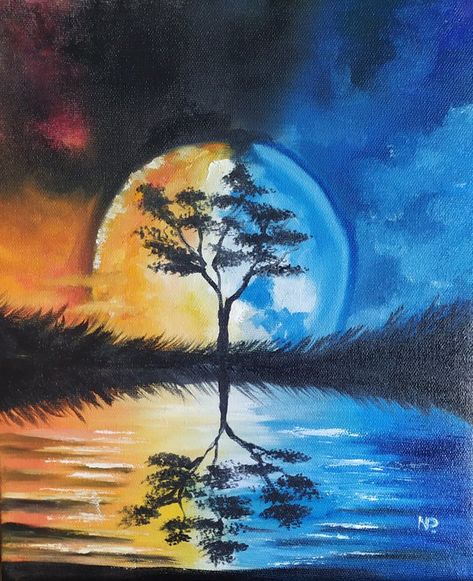 Buy Day and night, original landscape oil painting, tree art, bedroom painting, Oil painting by Nataliia Plakhotnyk on Artfinder. Discover thousands of other original paintings, prints, sculptures and photography from independent artists. Day To Night Painting, Friend Painting Ideas, Day And Night Painting, Landscape Oil Paintings Trees, Emotional Artwork, Painting Ideas Easy Simple, Cross Drawing, Blending Colors, Bedroom Painting