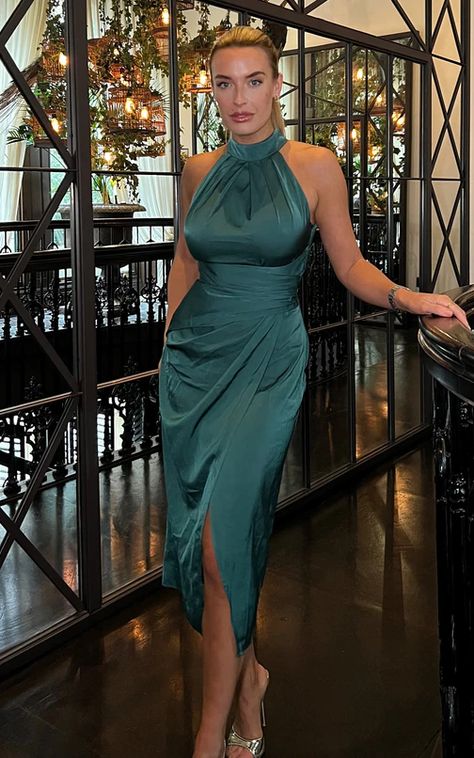 Alessia Satin Halter Neck Midi Dress Green by Girl In Mind Halter Neck Midi Dress, Angel Sleeves Dress, Midi Dress Green, Angel Sleeves, Green Girl, Midi Length Skirts, Green Midi Dress, Gathered Skirt, Satin Dresses