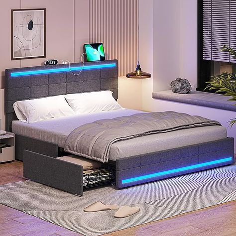 Amazon.com: Tiptiper LED Bed Frame Queen Size with Charging Station, Bed Frame with LED Headboard & Footboard,Platform Bed Frame Queen Size with Storage Drawers, No Box Spring Needed, Easy Assembly, Dark Grey : Home & Kitchen Led Bed, Led Beds, Floating Bed Frame, Upholstered Storage Bed, Led Bed Frame, Storage Headboard, Full Size Bed Frame, Modern Platform Bed, Full Bed Frame