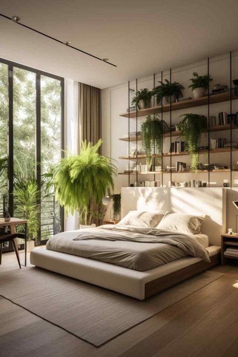 A modern bedroom that embraces both minimalist design and biophilic elements. It features a low-profile bed with taupe bedding, a wall-mounted shelf with a selection of indoor plants, and a large window that allows natural light to flood in and offers a view of greenery outside. The space is complemented by a neutral color palette and a clean, uncluttered aesthetic. Greenery In Bedroom, Biophilic Design Bedroom, Biophilic Bedroom, Green And White Bedroom, Taupe Bedding, Airy Bedroom, Aesthetic Interior Design, Bungalow Floor Plans, Minimal Bedroom