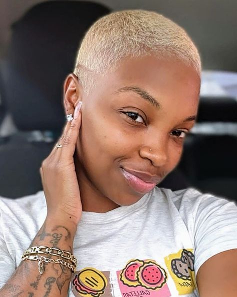 Black Women Short Haircut Fade 4c, Shaved Blonde Hair Black Women, Buzzcut On Black Women, Short Blonde Fade Black Women, Short 4c Blonde Hair, Platinum Blonde Fade Black Women, Short Fades For Black Women, Bald Baddie Black Women, Platinum Blonde Buzzcut Black Women