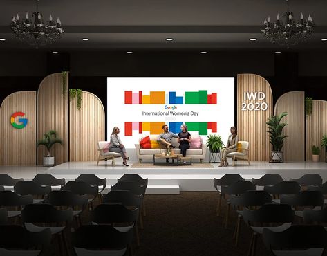 Stage Ideas Design Event, Google Stage Design, Conference Set Up, Wooden Stage Design, Event Stage Design Ideas Creative, Stage Backdrop Ideas Events, Conference Set Design, Stage Conference Design, Cool Stage Design