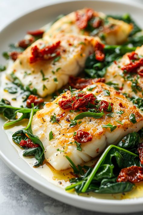 Creamy Keto Tuscan Cod with Spinach and Sun-Dried Tomatoes - I Eat Keto Easy Cod Dinner Recipes, Easy Diet Dinner Recipes, Sun Dried Tomato Keto Recipes, Fish Vegetables Recipes, Cod With Spinach And Tomatoes, Creamy Cod Recipes, Cod Tomatoes White Wine, Mediterranean Diet Recipes Dinners Seafood, Keto Pescetarian Recipes