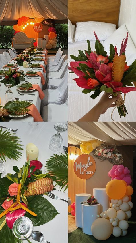 tropical birthday party styling Tropical Birthday Party Ideas For Women, Tropical 30th Birthday Party, Tropical Bday Party Ideas, Tropical Disco Party, 60th Birthday Theme, Tropical Disco, 40th Birthday Themes, Birthday Party Menu, Dnd Party