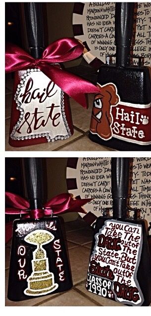 Hand painted Mississippi State cowbells #hailstate #godawgs Football Cowbells, Football Noise Makers, Mississippi State Cowbell, Cheerleading Crafts, Msu Bulldogs, College Crafts, Hs Football, Hail State, Football Spirit