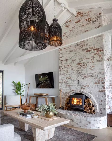 Exposed Brick Fireplaces, Whitewashed Brick, German Schmear, White Wash Brick Fireplace, Fireplace Stove, Painted Brick Fireplace, Interior Brick, Brick Interior Wall, Brick Interior