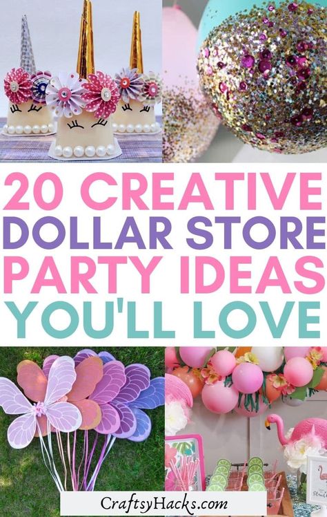 Dollar Tree Unicorn Party Ideas, Dollar Store Party Ideas, Diy Unicorn Birthday Party On A Budget, Dollar Store Birthday Party Ideas, Budget Birthday Party Ideas Kids, Unicorn Party Centerpieces, Dollar Tree Princess Party, Princess Unicorn Birthday Party, Low Budget Birthday Ideas