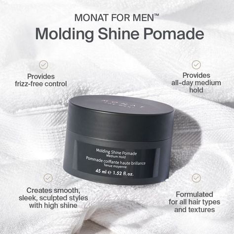 Level up your style game with MONAT FOR MEN™️ Molding Shine Pomade! 💪 Here is how to use it:   🖤 Work a small amount of product into your hands.  🖤 Distribute evenly through clean, damp or dry hair (apply from back to front for foolproof styling) 🖤 Style as desired. Monat For Men, Guys Grooming, Mens Pomade, Men Products, Beauty Quizzes, Monat Hair, Natural Aging, Hair Pomade, Healthy Aging