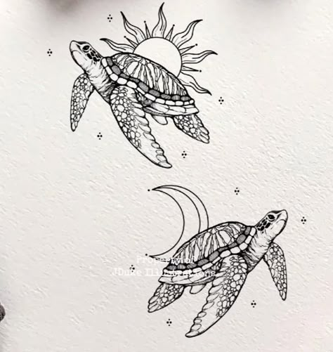 Couple Turtle Tattoos, Turtle Moon Tattoo, Turtle Sun Tattoo, Small Nature Drawings, Earth Spine Tattoo, Turtle Tattoos, Sea Turtle Tattoo, Bff Tattoos, Pretty Tattoos For Women