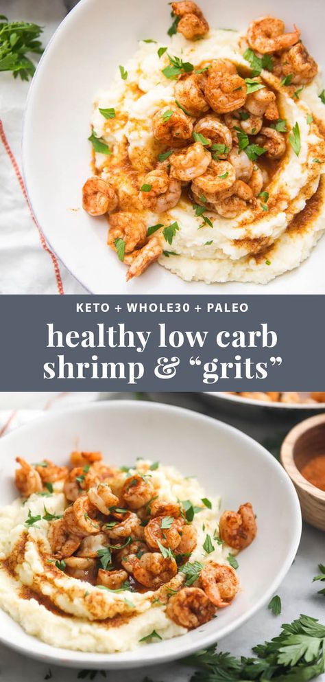 This healthy shrimp and grits recipe might just blow you away. With only 5 ingredients in the whole dish, it's packed full of flavor. This Whole30 dinner recipe is crazy easy and fast, too. Cauliflower grits make this dish low carb, keto, and paleo! #keto #shrimp Healthy Shrimp And Grits, Cauliflower Grits, Shrimp N Grits Recipe, Keto Shrimp, Cena Keto, Whole30 Dinner, Whole30 Dinner Recipes, Whole30 Keto, Whole30 Dinners